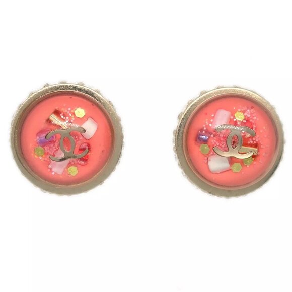 Chanel Button Piercing Earrings Rhinestone Pink - Picture 2 of 8